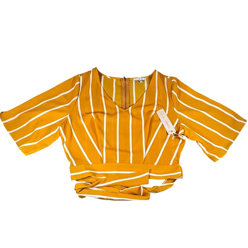 NWT Iris Basic Mustard Yellow White Striped Wrap Crop Top V-Neck Size L